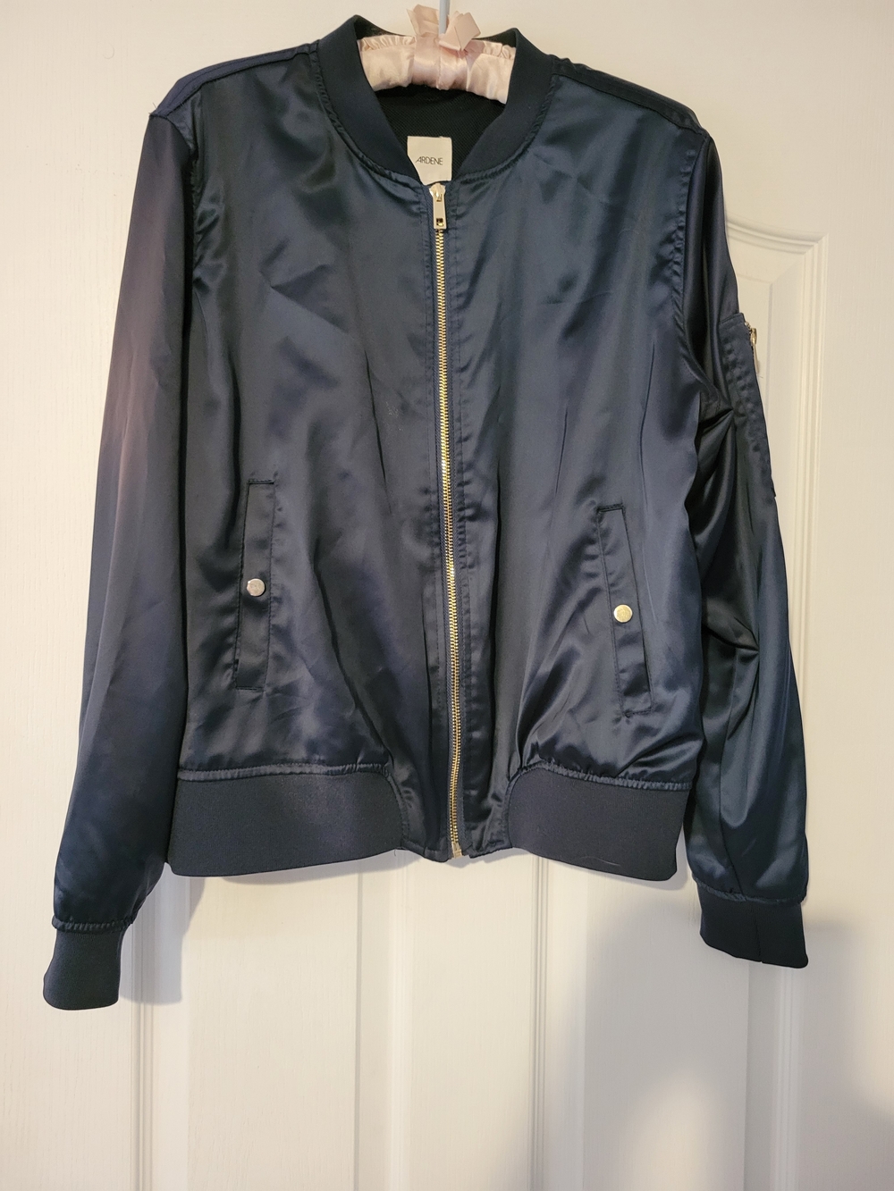 Ardene Navy Satin Bomber Jacket with Gold Zipper SZ. L - Picture 3 of 9
